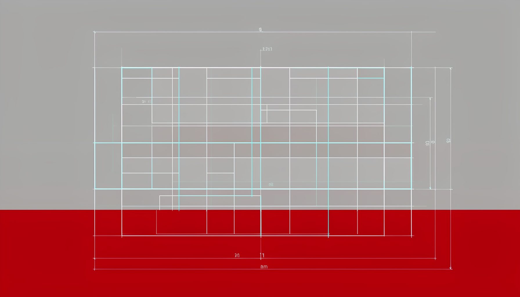 A technical blueprint drawing of a domain name layout, rendered in soft graphite and white with fine cyan guidelines on a muted gray background, conveying an architectural planning mood.
